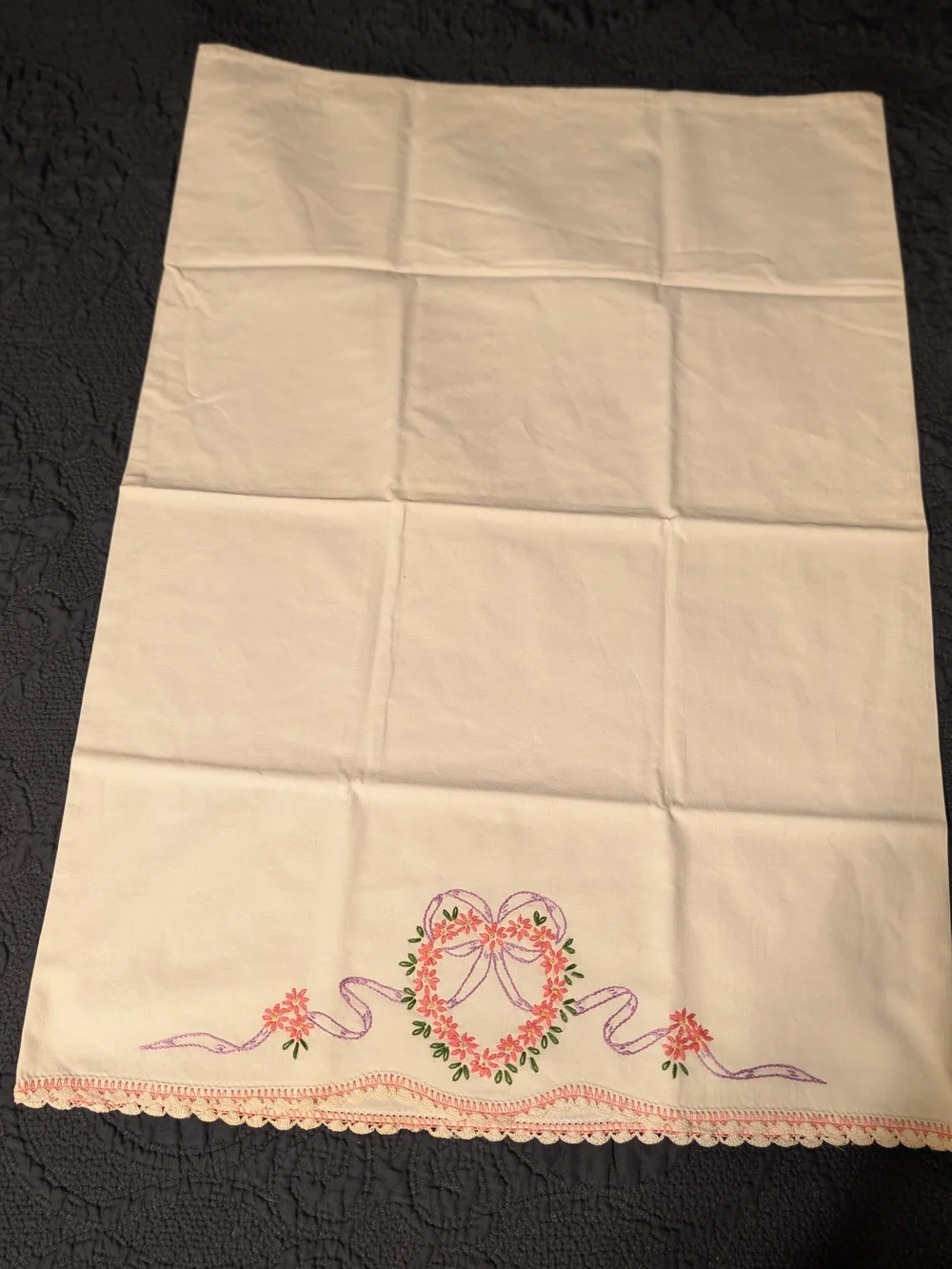 Embroidered Heart Floral Pillowcases - Cream with Pink & Green
